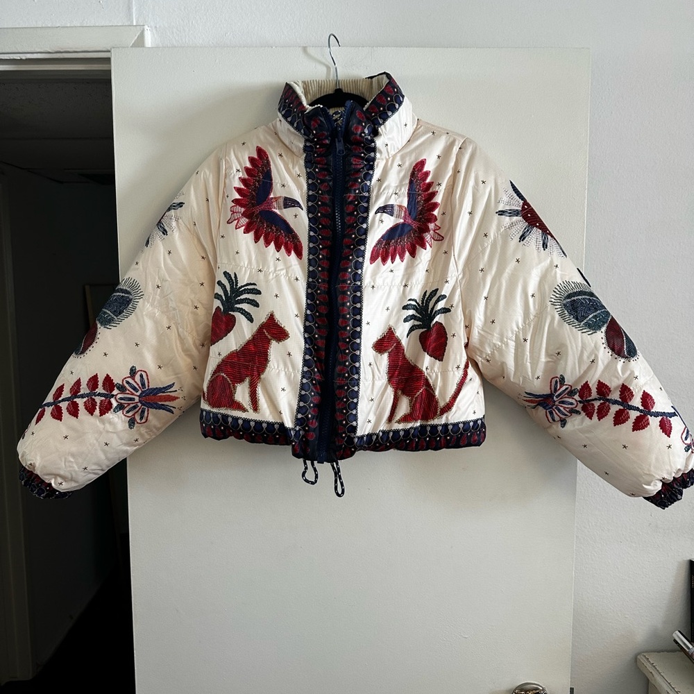 FARM Rio Cream Puffer Jacket with Bold Patterns